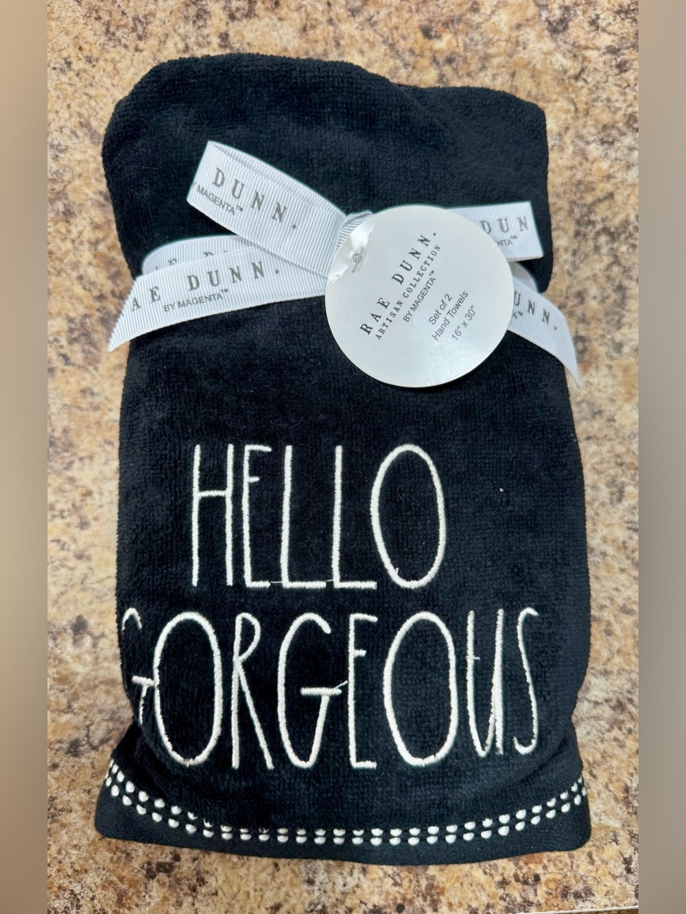 Rae Dunn Black 'Hello Gorgeous' Hand  Towels NWT